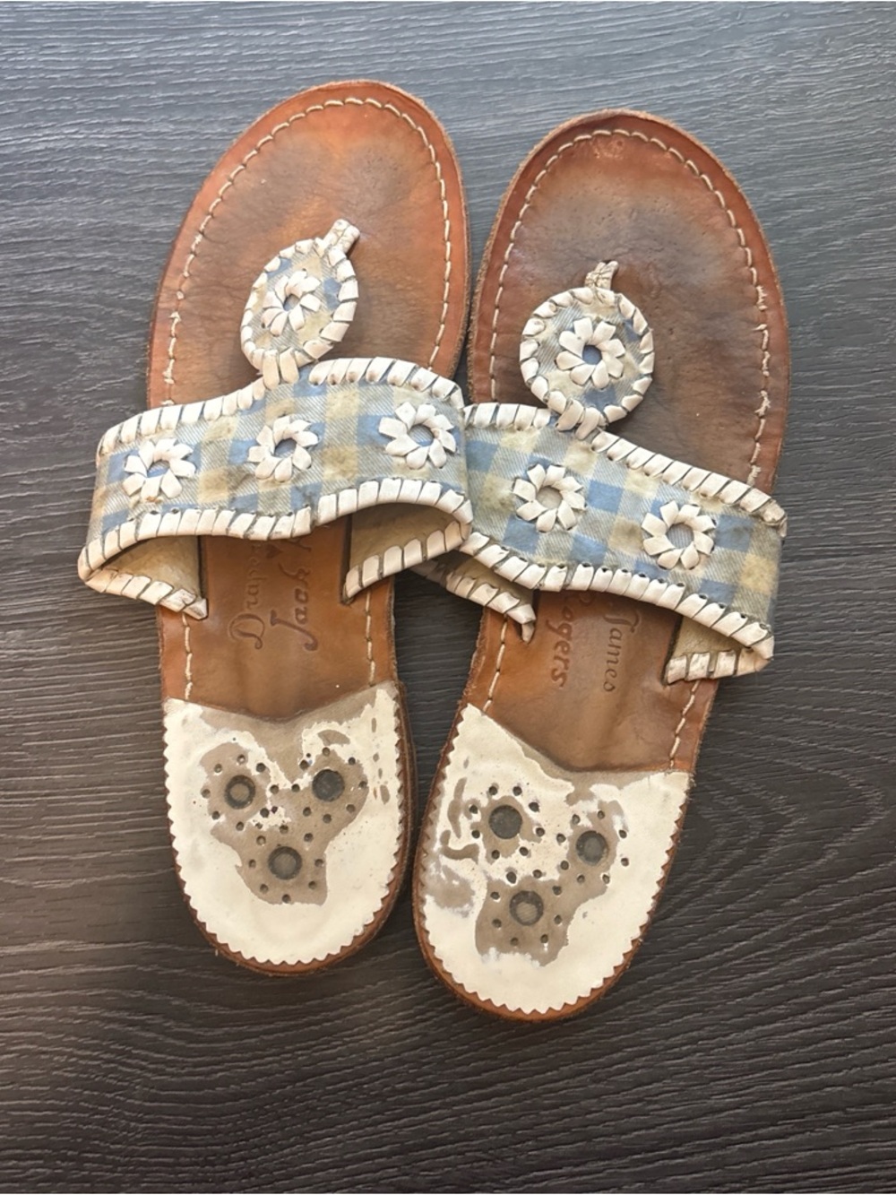 Draper James Blue Gingham Floral Appliqué Leather Sandals